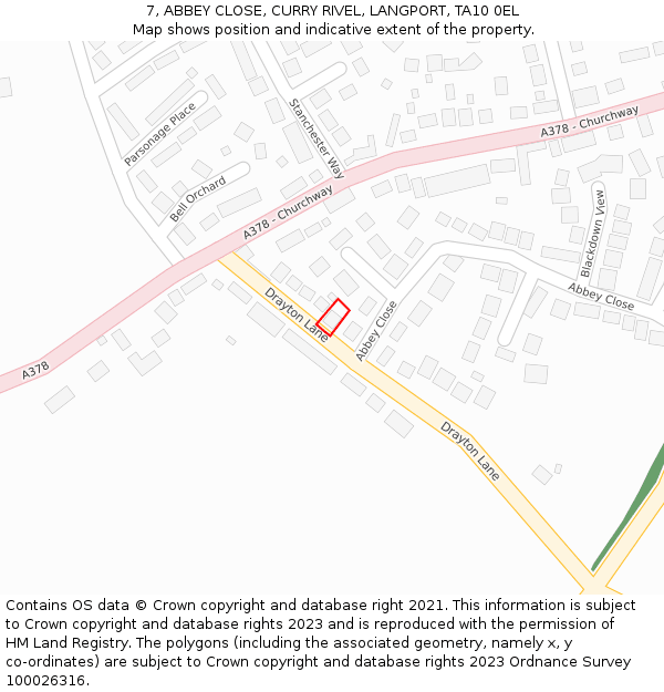 7, ABBEY CLOSE, CURRY RIVEL, LANGPORT, TA10 0EL: Location map and indicative extent of plot