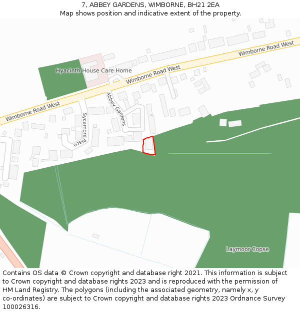 7, ABBEY GARDENS, WIMBORNE, BH21 2EA: Location map and indicative extent of plot