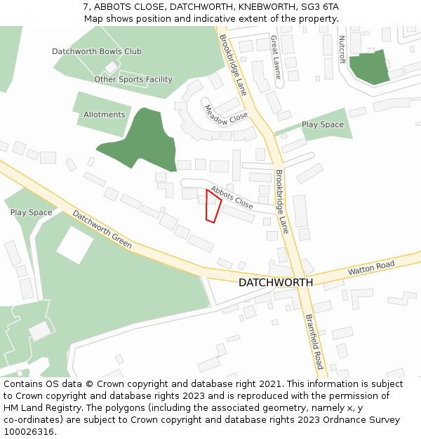 7, ABBOTS CLOSE, DATCHWORTH, KNEBWORTH, SG3 6TA: Location map and indicative extent of plot