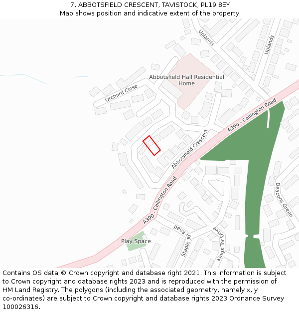 7, ABBOTSFIELD CRESCENT, TAVISTOCK, PL19 8EY: Location map and indicative extent of plot