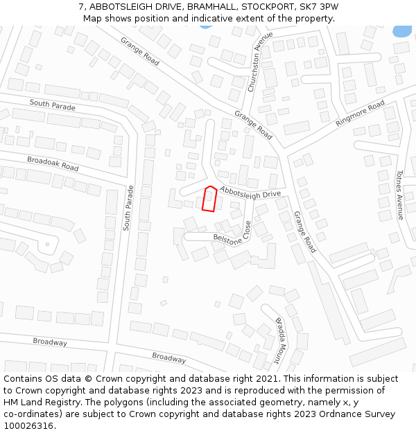 7, ABBOTSLEIGH DRIVE, BRAMHALL, STOCKPORT, SK7 3PW: Location map and indicative extent of plot