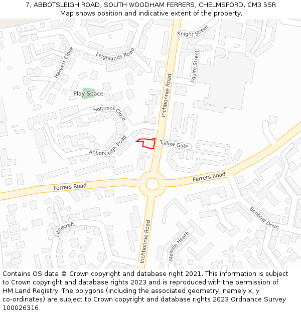 7, ABBOTSLEIGH ROAD, SOUTH WOODHAM FERRERS, CHELMSFORD, CM3 5SR: Location map and indicative extent of plot