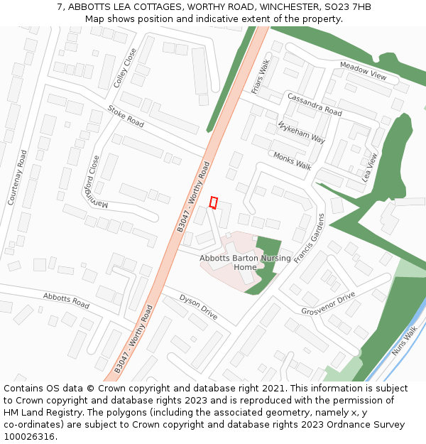 7, ABBOTTS LEA COTTAGES, WORTHY ROAD, WINCHESTER, SO23 7HB: Location map and indicative extent of plot