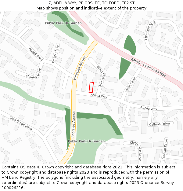 7, ABELIA WAY, PRIORSLEE, TELFORD, TF2 9TJ: Location map and indicative extent of plot