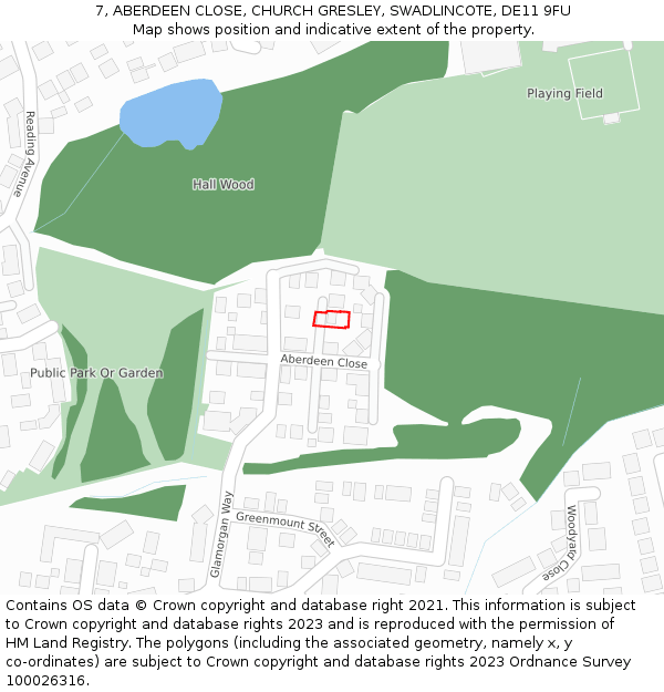 7, ABERDEEN CLOSE, CHURCH GRESLEY, SWADLINCOTE, DE11 9FU: Location map and indicative extent of plot