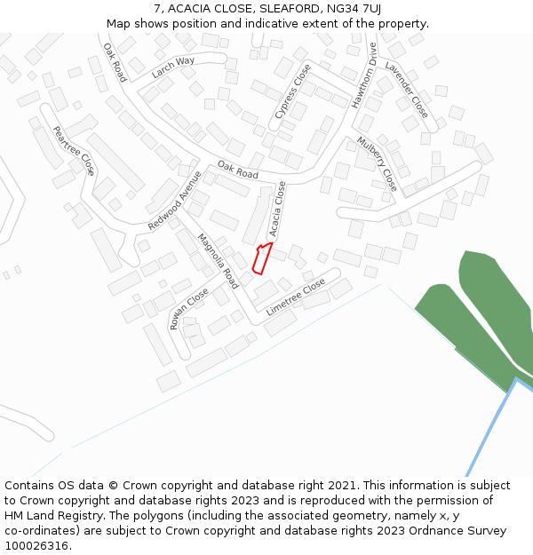 7, ACACIA CLOSE, SLEAFORD, NG34 7UJ: Location map and indicative extent of plot