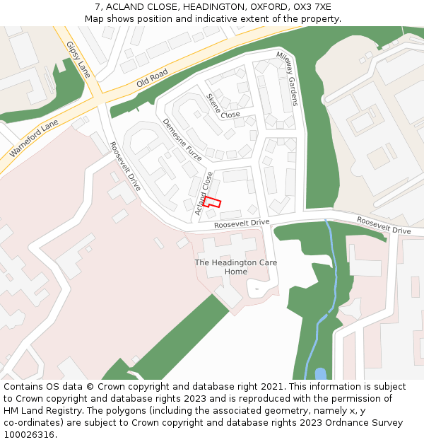 7, ACLAND CLOSE, HEADINGTON, OXFORD, OX3 7XE: Location map and indicative extent of plot