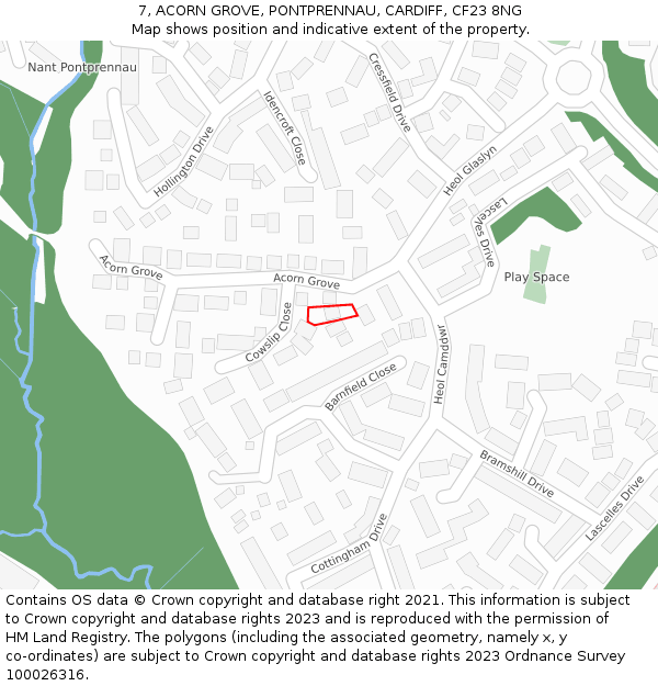 7, ACORN GROVE, PONTPRENNAU, CARDIFF, CF23 8NG: Location map and indicative extent of plot