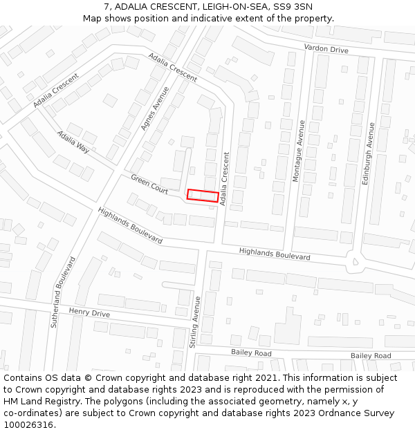 7, ADALIA CRESCENT, LEIGH-ON-SEA, SS9 3SN: Location map and indicative extent of plot