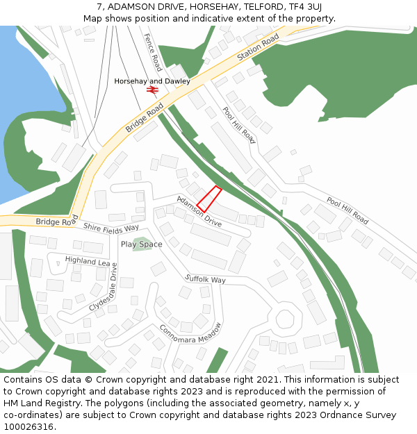 7, ADAMSON DRIVE, HORSEHAY, TELFORD, TF4 3UJ: Location map and indicative extent of plot