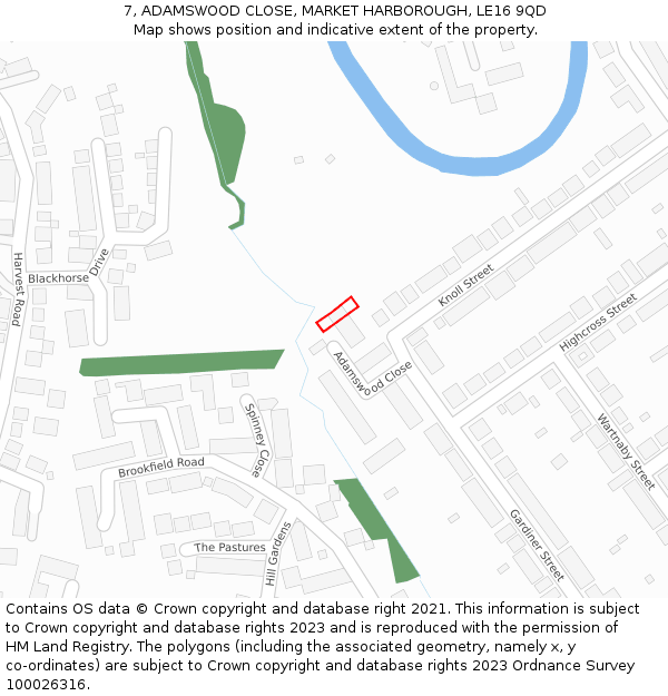 7, ADAMSWOOD CLOSE, MARKET HARBOROUGH, LE16 9QD: Location map and indicative extent of plot