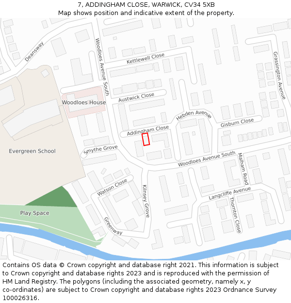 7, ADDINGHAM CLOSE, WARWICK, CV34 5XB: Location map and indicative extent of plot