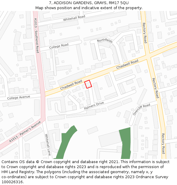 7, ADDISON GARDENS, GRAYS, RM17 5QU: Location map and indicative extent of plot