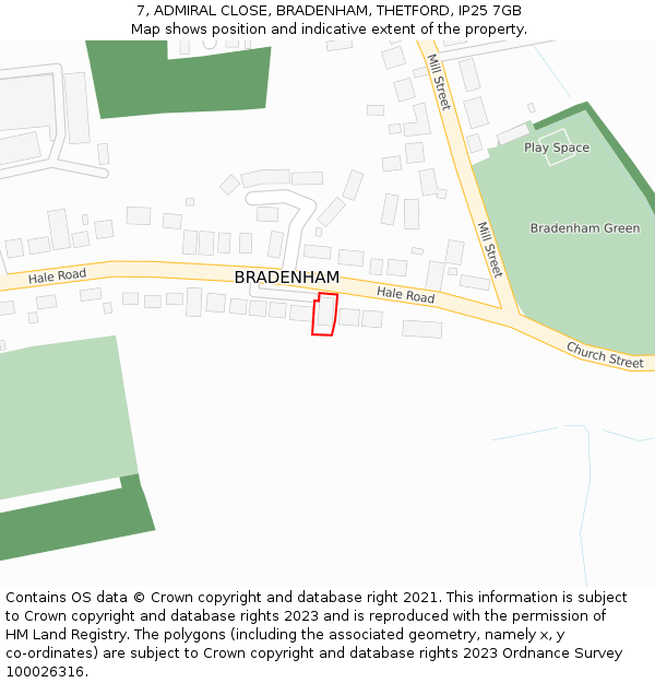7, ADMIRAL CLOSE, BRADENHAM, THETFORD, IP25 7GB: Location map and indicative extent of plot