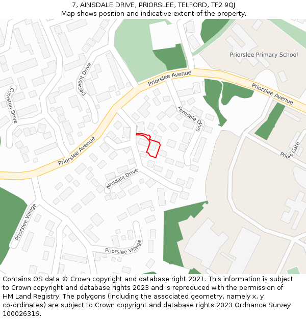 7, AINSDALE DRIVE, PRIORSLEE, TELFORD, TF2 9QJ: Location map and indicative extent of plot