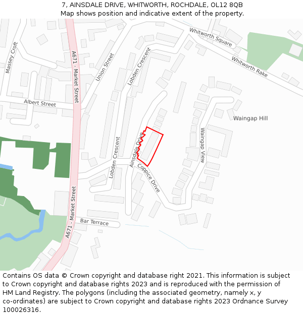 7, AINSDALE DRIVE, WHITWORTH, ROCHDALE, OL12 8QB: Location map and indicative extent of plot