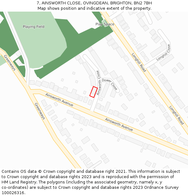 7, AINSWORTH CLOSE, OVINGDEAN, BRIGHTON, BN2 7BH: Location map and indicative extent of plot