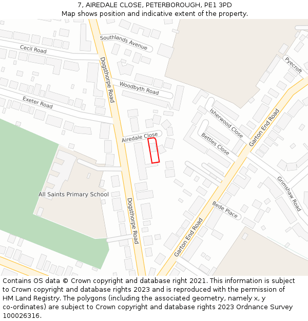 7, AIREDALE CLOSE, PETERBOROUGH, PE1 3PD: Location map and indicative extent of plot