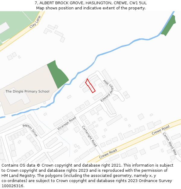 7, ALBERT BROCK GROVE, HASLINGTON, CREWE, CW1 5UL: Location map and indicative extent of plot