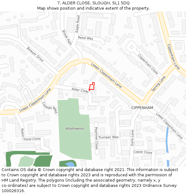 7, ALDER CLOSE, SLOUGH, SL1 5DQ: Location map and indicative extent of plot