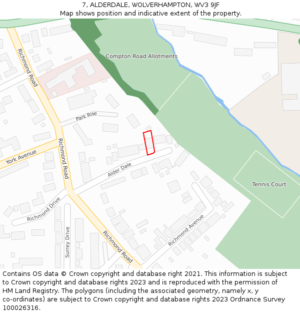 7, ALDERDALE, WOLVERHAMPTON, WV3 9JF: Location map and indicative extent of plot