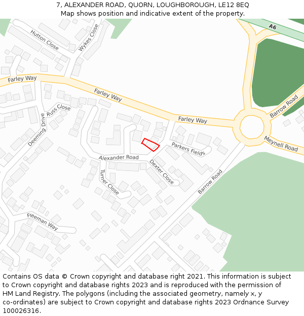 7, ALEXANDER ROAD, QUORN, LOUGHBOROUGH, LE12 8EQ: Location map and indicative extent of plot