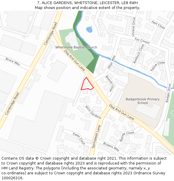 7, ALICE GARDENS, WHETSTONE, LEICESTER, LE8 6WH: Location map and indicative extent of plot