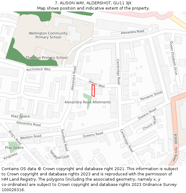 7, ALISON WAY, ALDERSHOT, GU11 3JX: Location map and indicative extent of plot