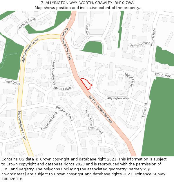 7, ALLYINGTON WAY, WORTH, CRAWLEY, RH10 7WA: Location map and indicative extent of plot