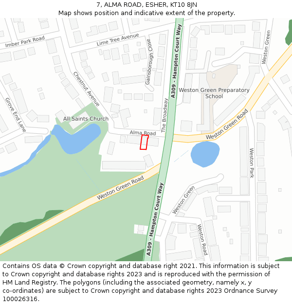 7, ALMA ROAD, ESHER, KT10 8JN: Location map and indicative extent of plot