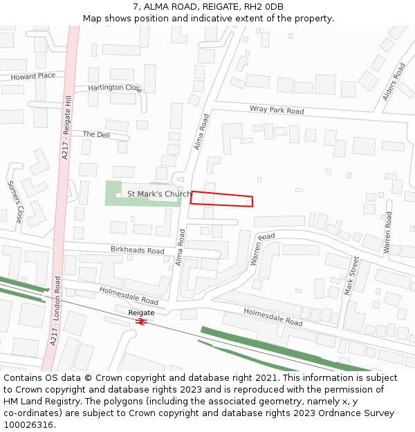 7, ALMA ROAD, REIGATE, RH2 0DB: Location map and indicative extent of plot