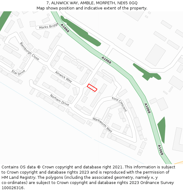 7, ALNWICK WAY, AMBLE, MORPETH, NE65 0GQ: Location map and indicative extent of plot