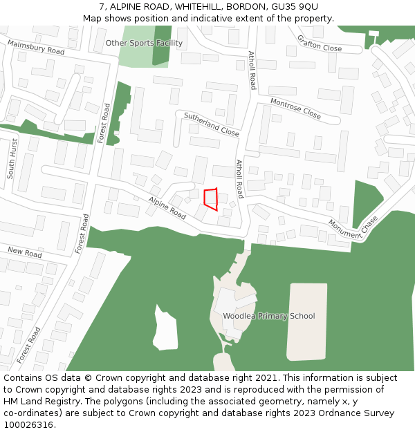 7, ALPINE ROAD, WHITEHILL, BORDON, GU35 9QU: Location map and indicative extent of plot