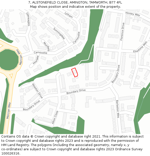 7, ALSTONEFIELD CLOSE, AMINGTON, TAMWORTH, B77 4FL: Location map and indicative extent of plot