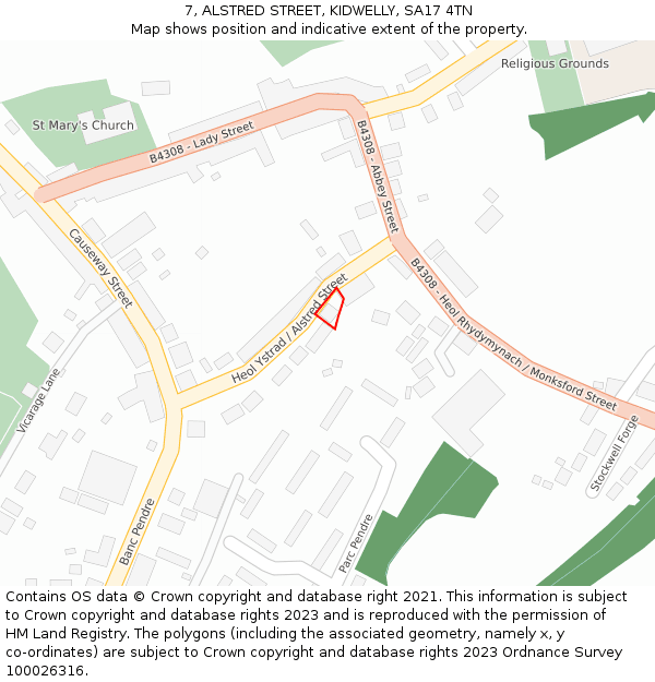 7, ALSTRED STREET, KIDWELLY, SA17 4TN: Location map and indicative extent of plot