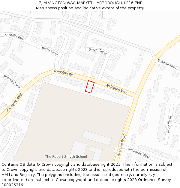 7, ALVINGTON WAY, MARKET HARBOROUGH, LE16 7NF: Location map and indicative extent of plot