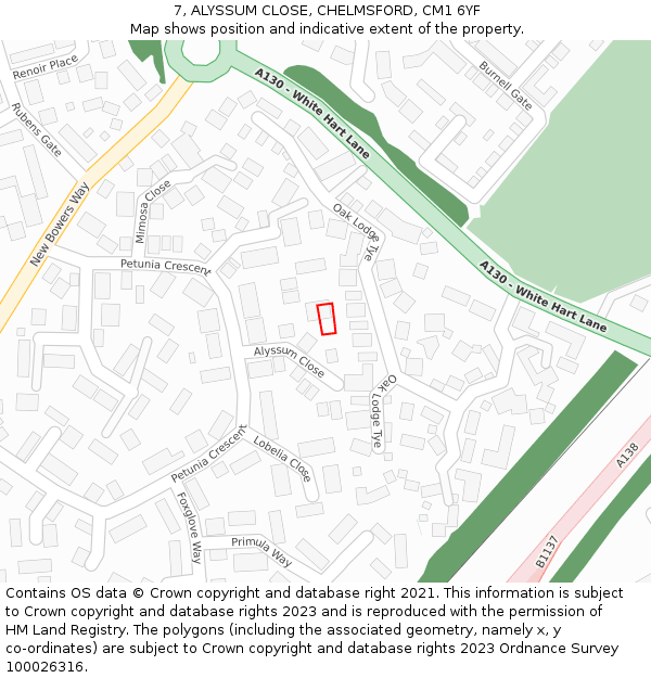 7, ALYSSUM CLOSE, CHELMSFORD, CM1 6YF: Location map and indicative extent of plot