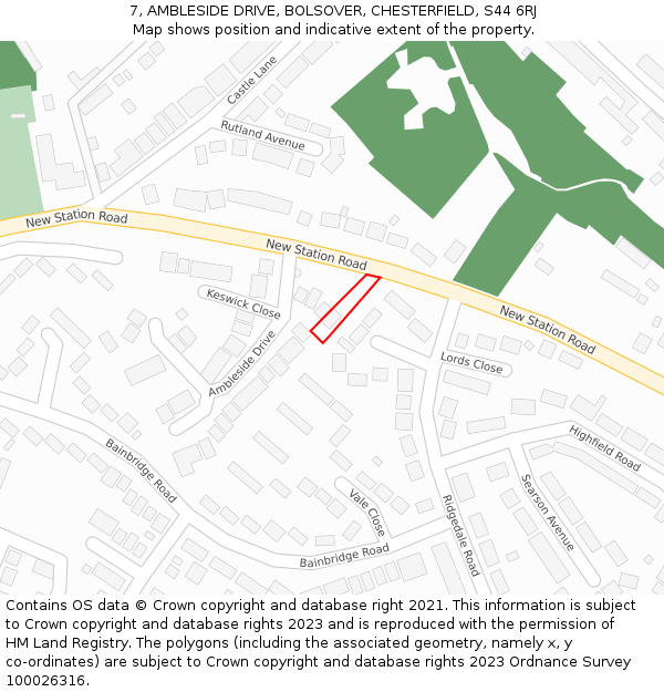 7, AMBLESIDE DRIVE, BOLSOVER, CHESTERFIELD, S44 6RJ: Location map and indicative extent of plot