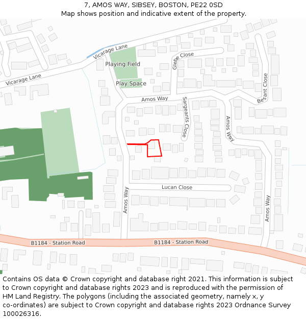 7, AMOS WAY, SIBSEY, BOSTON, PE22 0SD: Location map and indicative extent of plot