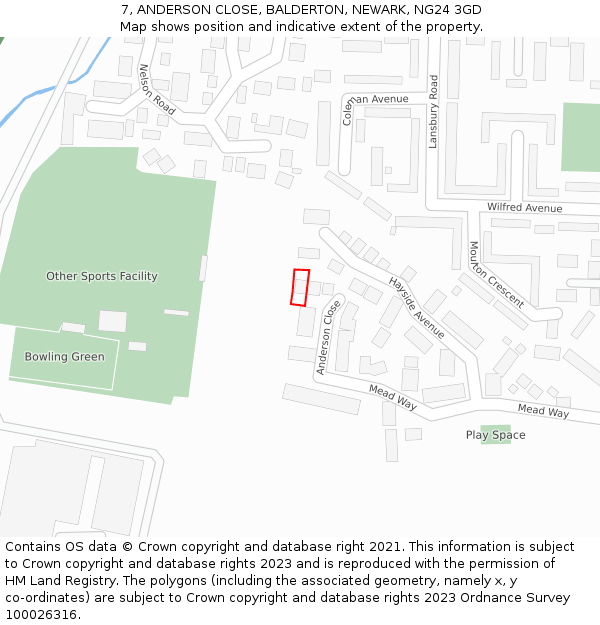 7, ANDERSON CLOSE, BALDERTON, NEWARK, NG24 3GD: Location map and indicative extent of plot