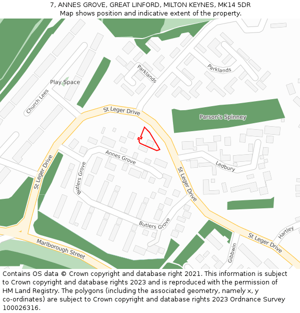 7, ANNES GROVE, GREAT LINFORD, MILTON KEYNES, MK14 5DR: Location map and indicative extent of plot