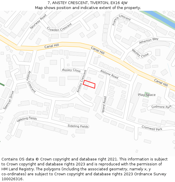 7, ANSTEY CRESCENT, TIVERTON, EX16 4JW: Location map and indicative extent of plot