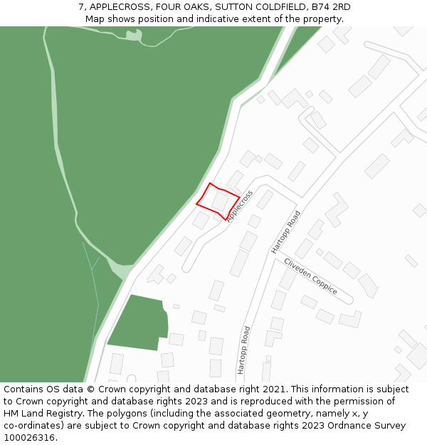 7, APPLECROSS, FOUR OAKS, SUTTON COLDFIELD, B74 2RD: Location map and indicative extent of plot