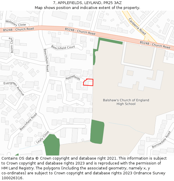 7, APPLEFIELDS, LEYLAND, PR25 3AZ: Location map and indicative extent of plot