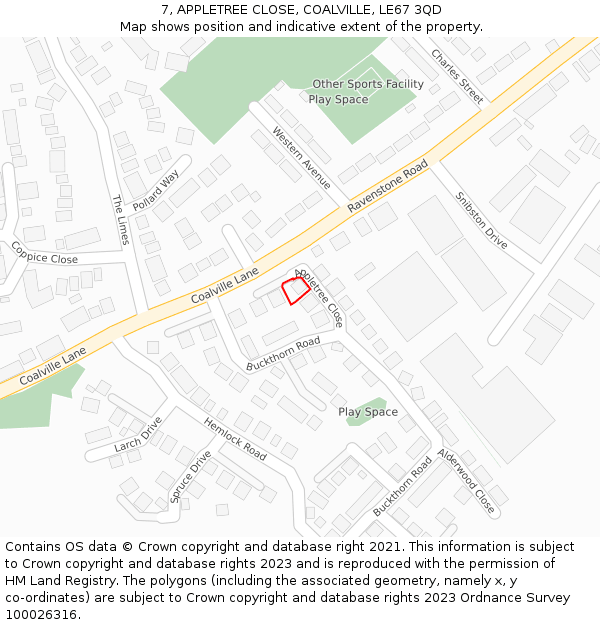 7, APPLETREE CLOSE, COALVILLE, LE67 3QD: Location map and indicative extent of plot