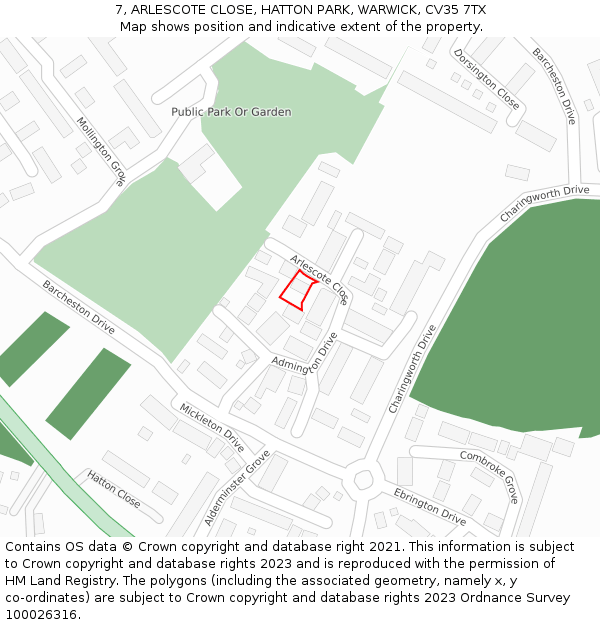 7, ARLESCOTE CLOSE, HATTON PARK, WARWICK, CV35 7TX: Location map and indicative extent of plot