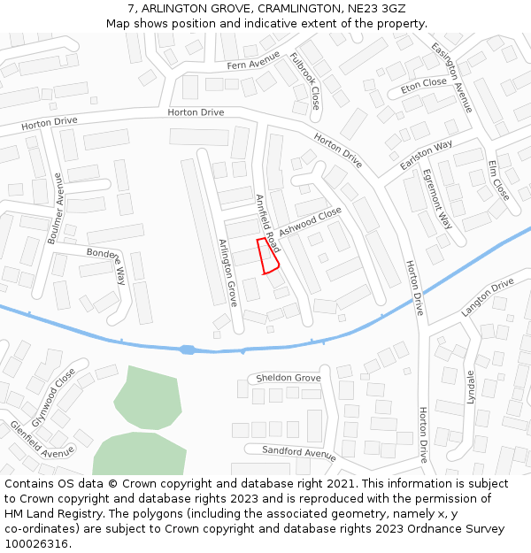 7, ARLINGTON GROVE, CRAMLINGTON, NE23 3GZ: Location map and indicative extent of plot