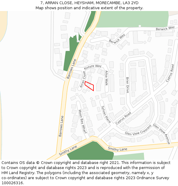 7, ARRAN CLOSE, HEYSHAM, MORECAMBE, LA3 2YD: Location map and indicative extent of plot