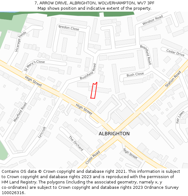 7, ARROW DRIVE, ALBRIGHTON, WOLVERHAMPTON, WV7 3PF: Location map and indicative extent of plot