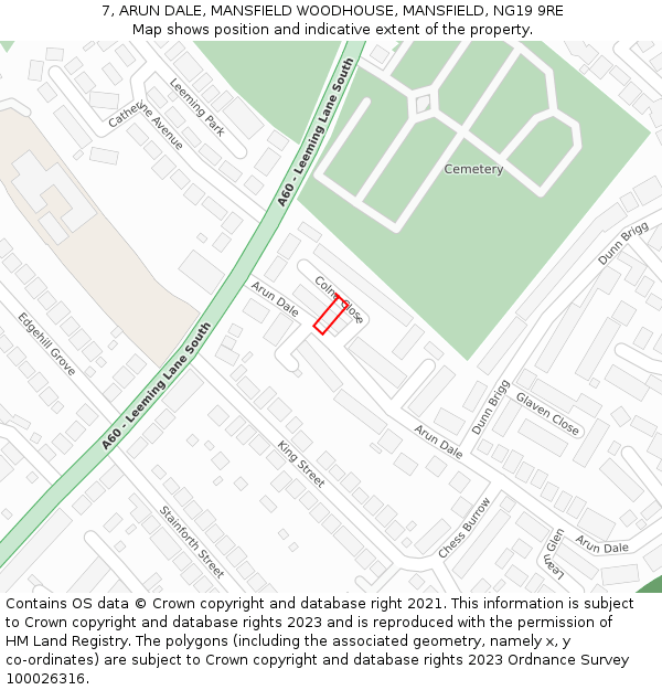 7, ARUN DALE, MANSFIELD WOODHOUSE, MANSFIELD, NG19 9RE: Location map and indicative extent of plot